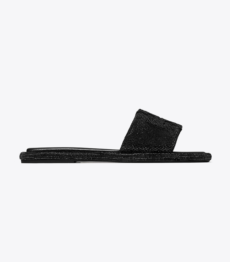 Tory Burch designer sandals Pavé Double T Sport Slide in PERFECT BLACK / JET side
