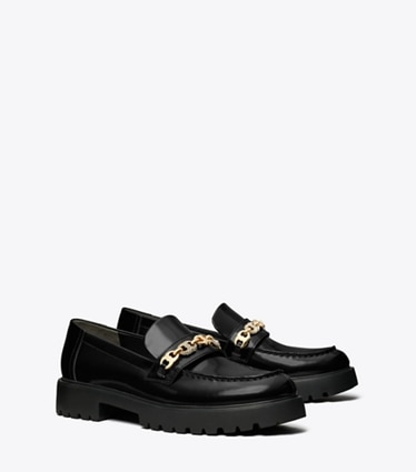 Tory Burch designer flats Pavé Gemini Link Lug Loafer in PERFECT BLACK / GOLD angle