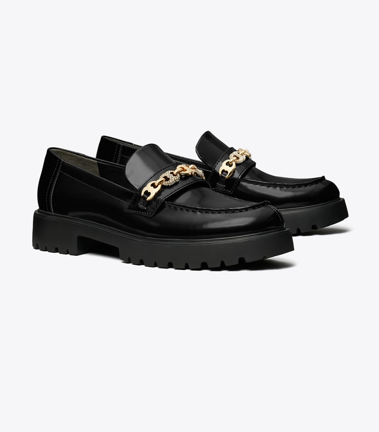 Tory Burch designer flats Pavé Gemini Link Lug Loafer in PERFECT BLACK / GOLD angle