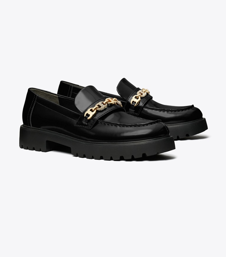 Tory Burch designer flats Pavé Gemini Link Lug Loafer in PERFECT BLACK / GOLD angle
