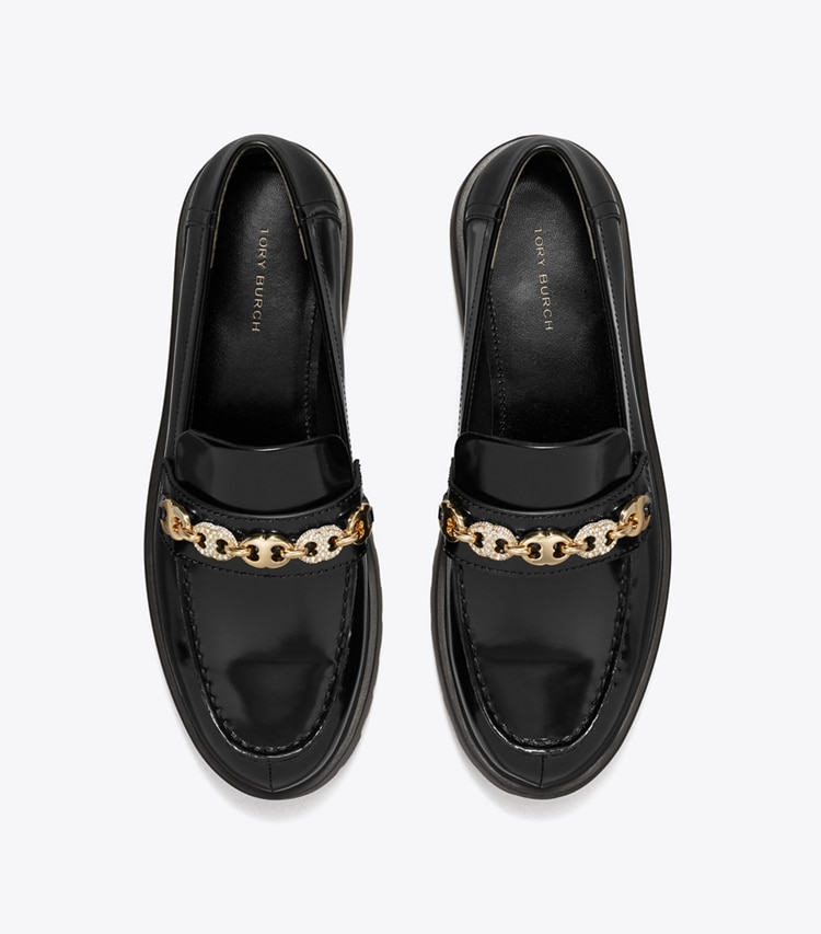 Tory Burch designer flats Pavé Gemini Link Lug Loafer in PERFECT BLACK / GOLD overhead