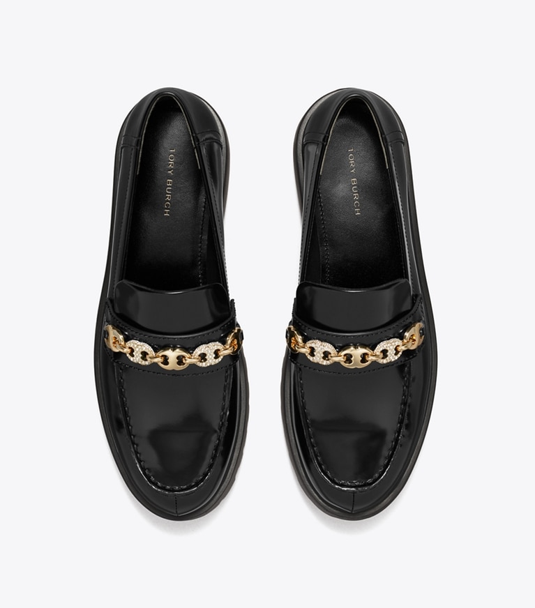 Tory Burch designer flats Pavé Gemini Link Lug Loafer in PERFECT BLACK / GOLD angle