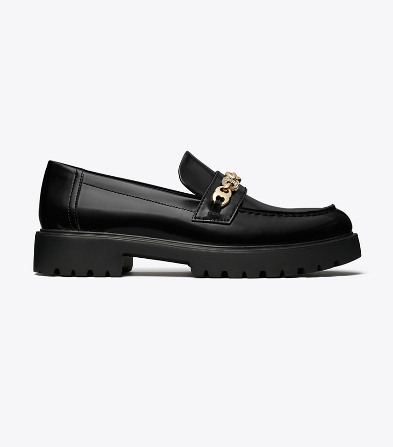 Tory Burch designer flats Pavé Gemini Link Lug Loafer in PERFECT BLACK / GOLD angle
