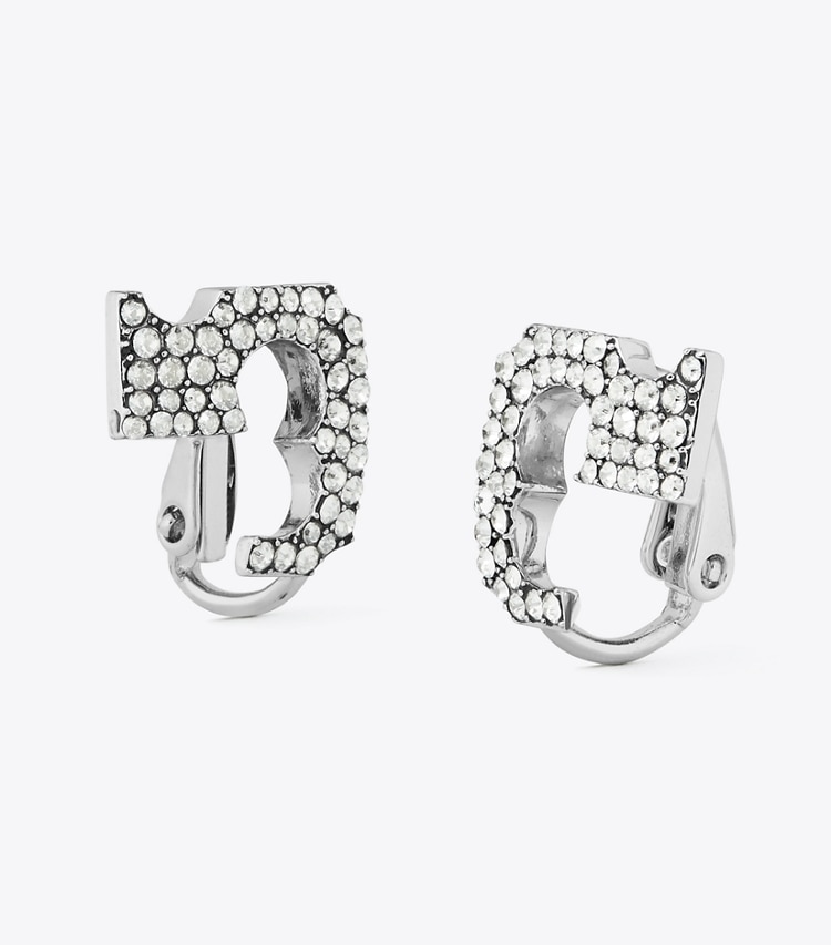 Tory Burch designer earrings Pavé Logo Clip-On Earrings in Tory Silver / Crystal detail