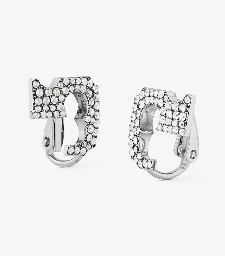 Tory Burch designer earrings Pavé Logo Clip-On Earrings in Tory Silver / Crystal front