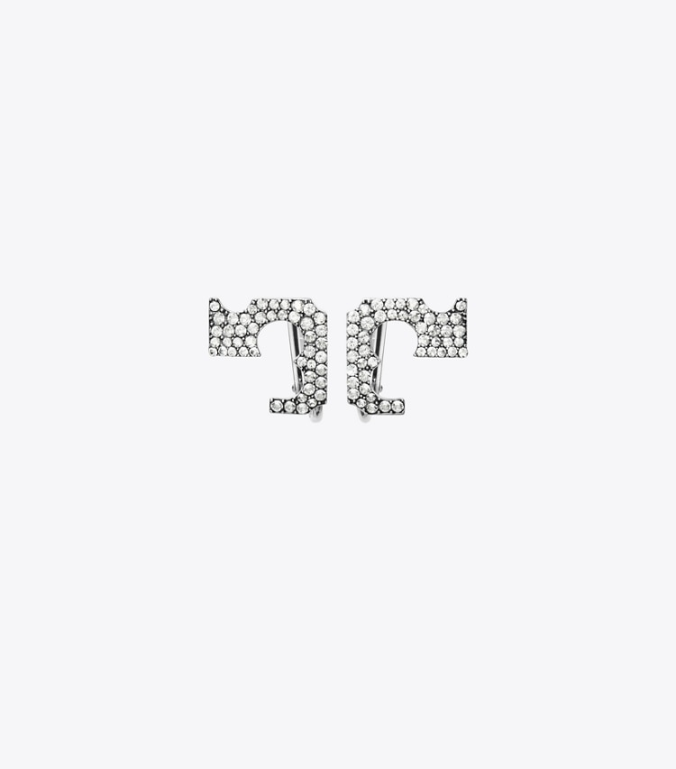 Tory Burch designer earrings Pavé Logo Clip-On Earrings in Tory Silver / Crystal front