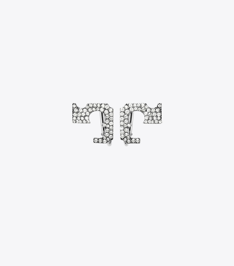Tory Burch designer earrings Pavé Logo Clip-On Earrings in Tory Silver / Crystal front