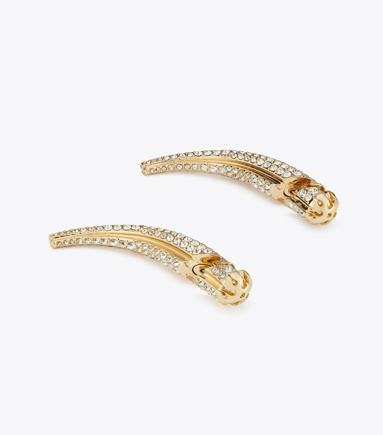 Tory Burch designer earrings Pavé Logo Spike Front-Back Earring in Light Brass / Crystal front