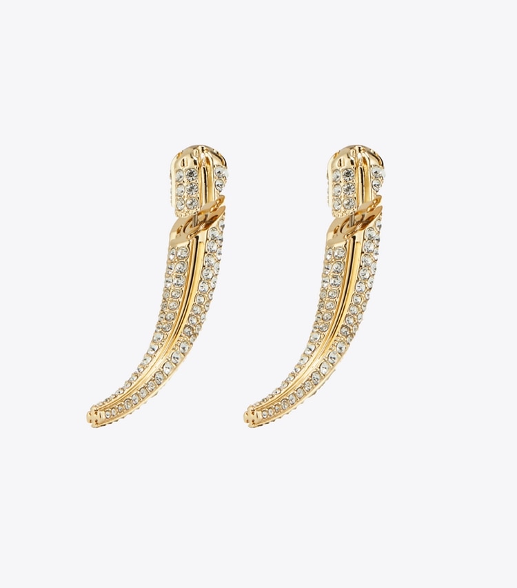 Tory Burch designer earrings Pavé Logo Spike Front-Back Earring in Light Brass / Crystal front