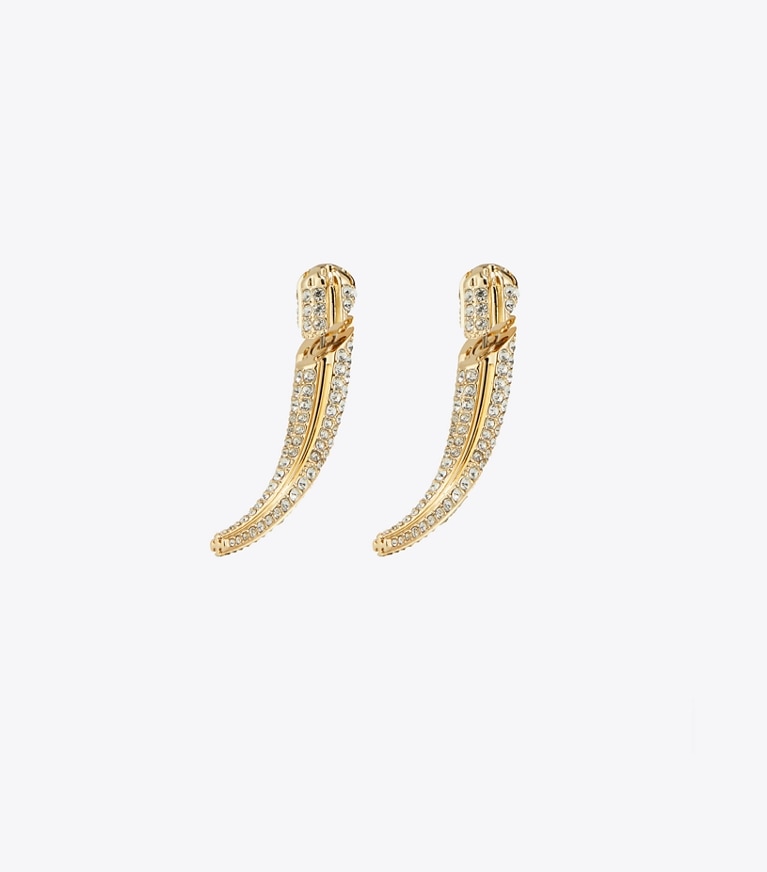 Tory Burch designer earrings Pavé Logo Spike Front-Back Earring in Light Brass / Crystal front