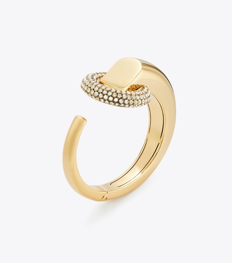 Tory Burch designer bracelets Pavé Pierced Cuff in Light Brass / Crystal front