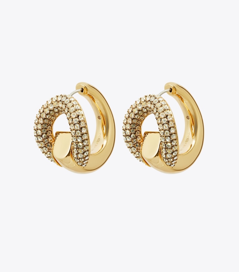Tory Burch designer earrings Pavé Pierced Hoop Earrings in Light Brass / Crystal front