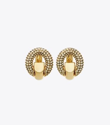 Tory Burch designer earrings Pavé Pierced Hoop Earrings in Light Brass / Crystal front