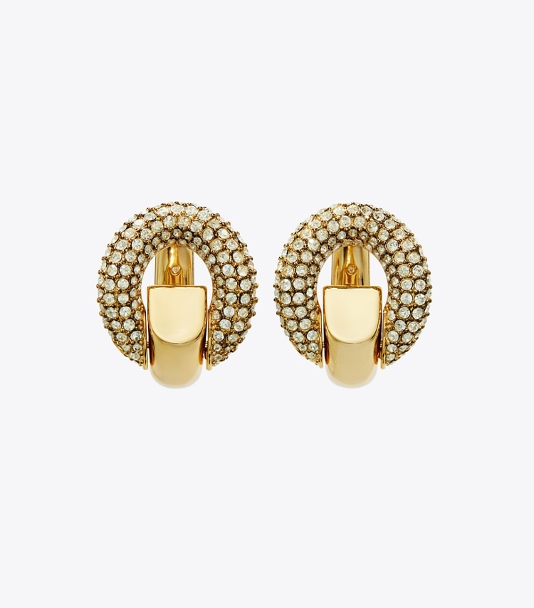 Tory Burch designer earrings Pavé Pierced Hoop Earrings in Light Brass / Crystal front