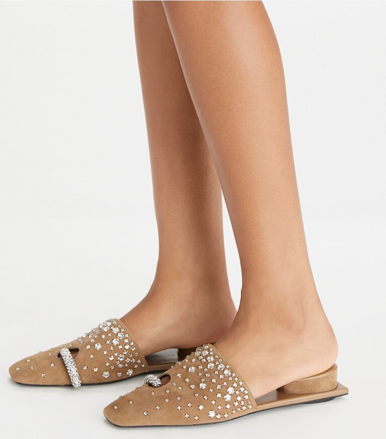 Tory Burch designer loafers Pavébesetzte Pantolette mit Piercing-Detail in RIVER ROCK / CRYSTAL angle