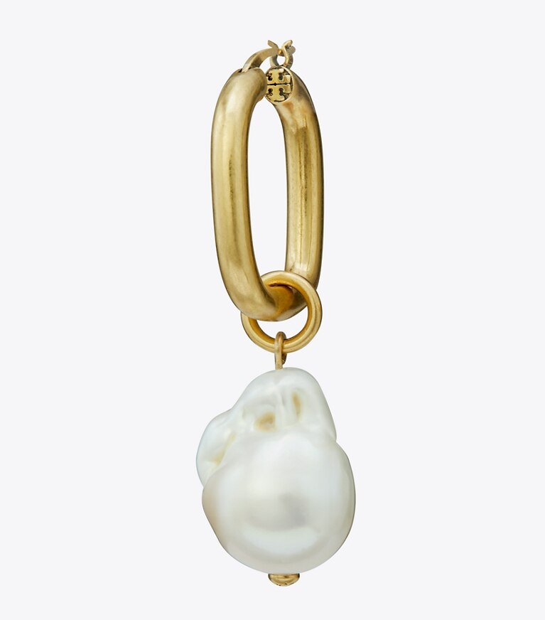 Tory Burch designer earrings Pearl Drop Earring in Antique Light Brass / Pearl front