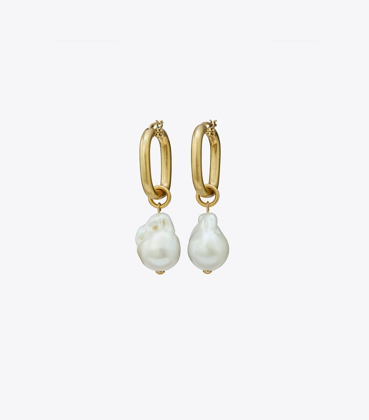 Tory Burch designer earrings Pearl Drop Earring in Antique Light Brass / Pearl front