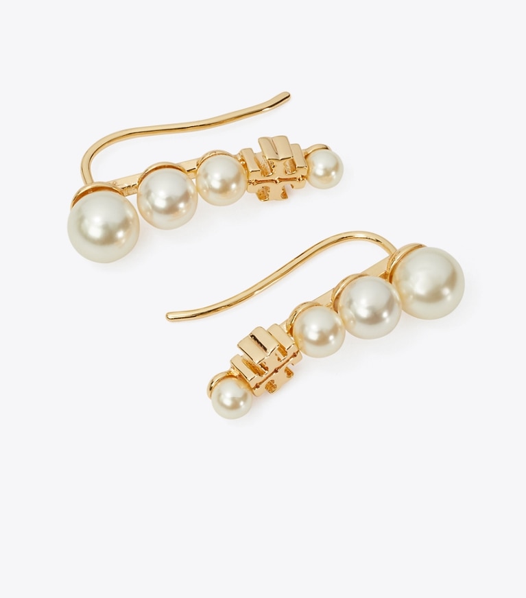 Tory Burch designer earrings Pearl Ear Crawler in Tory Gold / Pearl front