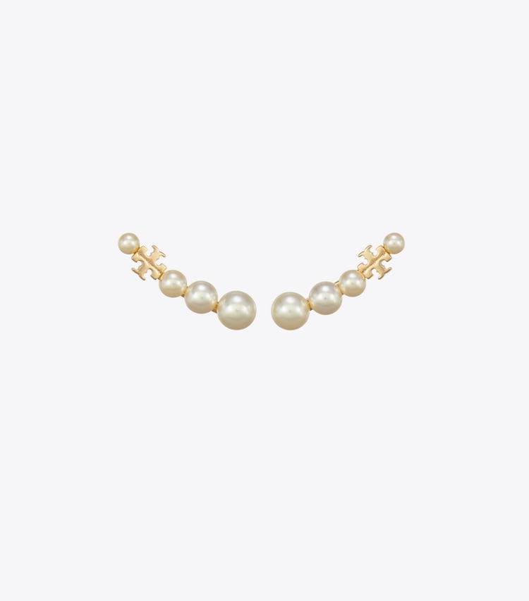Tory Burch designer earrings Pearl Ear Crawler in Tory Gold / Pearl front