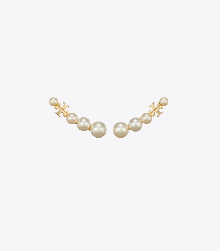 Tory Burch designer earrings Pearl Ear Crawler in Tory Gold / Pearl front