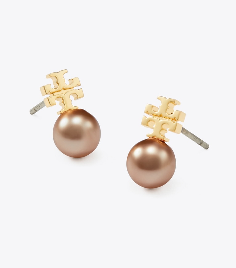 Tory Burch designer earrings Pearl Stud Earrings in Tory Gold / Pink front