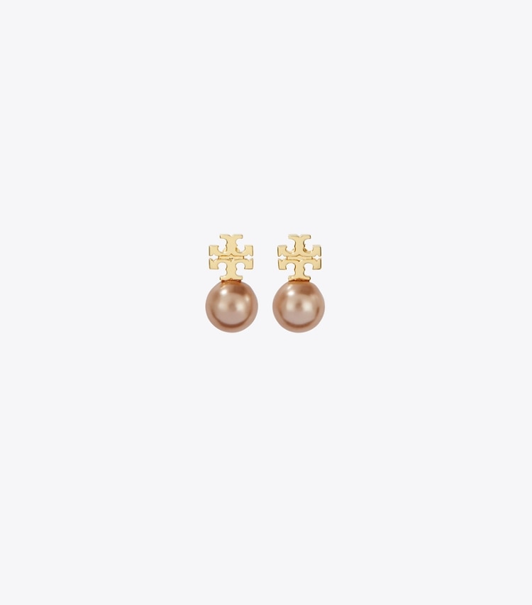 Tory Burch designer earrings Pearl Stud Earrings in Tory Gold / Pink front