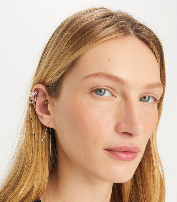 Tory Burch designer earrings Pearl Threader And Ear Cuff in Tory Silver / Crystal / Pearl accessory on model
