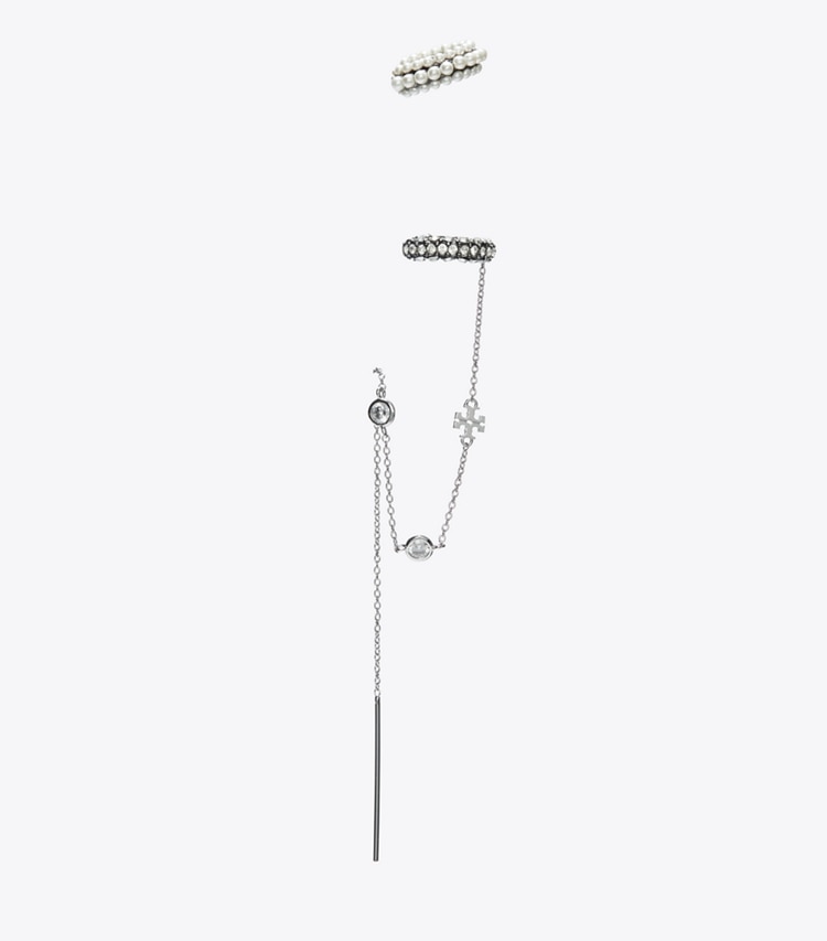 Tory Burch designer earrings Pearl Threader And Ear Cuff in Tory Silver / Crystal / Pearl front