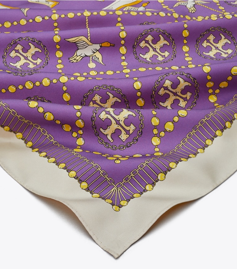Tory Burch designer scarves Pearls And Ducks T Monogram Silk Square in Purple/Mustard overhead