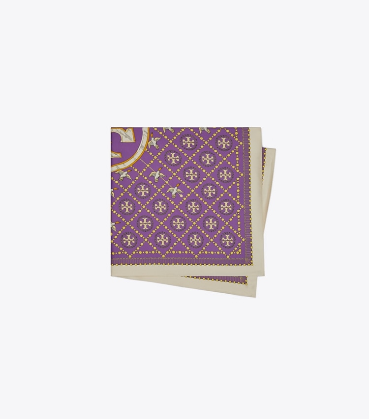 Tory Burch designer scarves Pearls And Ducks T Monogram Silk Square in Purple/Mustard folded