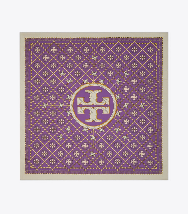 Tory Burch designer scarves Pearls And Ducks T Monogram Silk Square in Purple/Mustard overhead