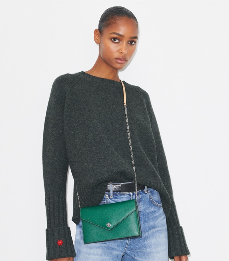 Tory Burch designer mini bags Pebble Envelope Chain Wallet in Dark Kale angle