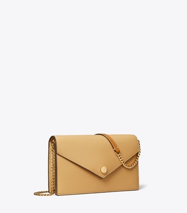 Tory Burch designer ミニバッグ ペブル エンベロープ チェーンウォレット in Biscotti angle