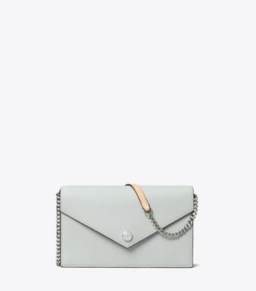 Tory Burch designer mini bags Pebble Envelope Chain Wallet in Light Titanium front