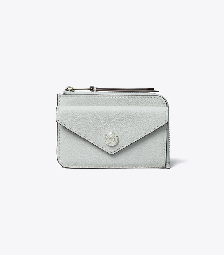 Tory Burch designer card cases Pebble Envelope Zip Card Case in Light Titanium front