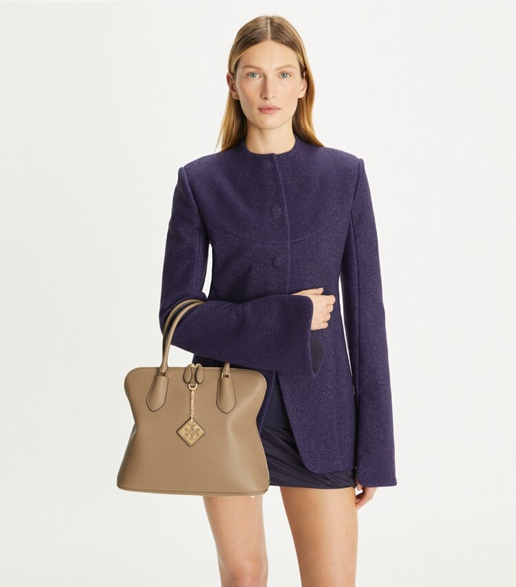 Tory Burch designer satchels Pebbled Swing Satchel in Taupe Oak accessory on model