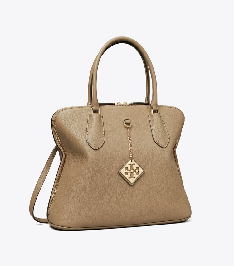 Tory Burch designer satchels Pebbled Swing Satchel in Taupe Oak angle