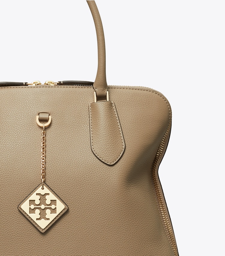 Tory Burch designer satchels Pebbled Swing Satchel in Taupe Oak detail