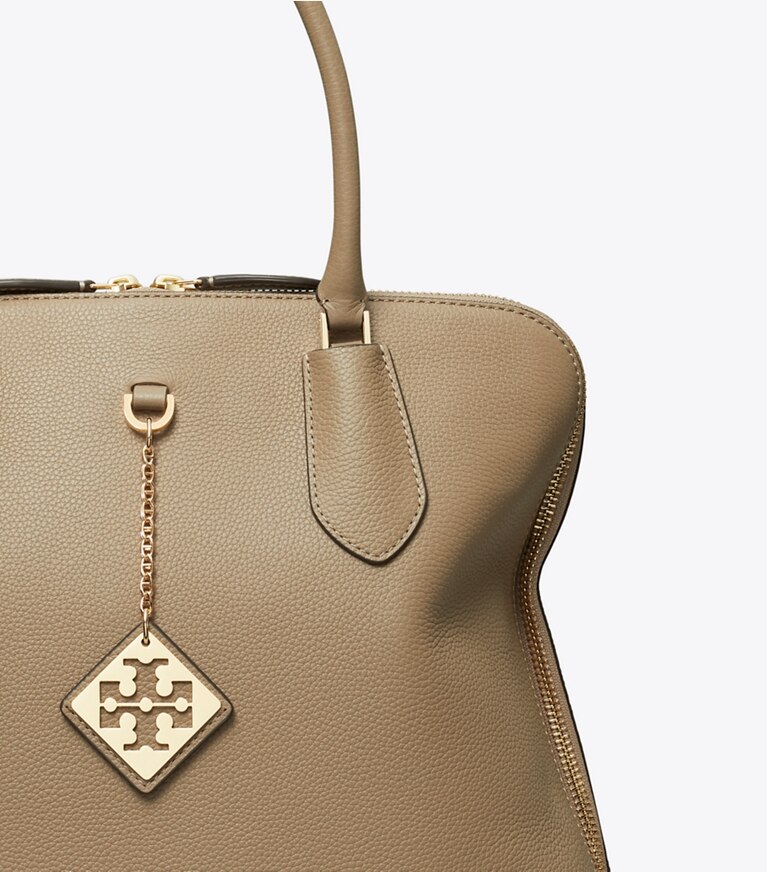 Tory Burch designer satchels Pebbled Swing Satchel in Taupe Oak angle