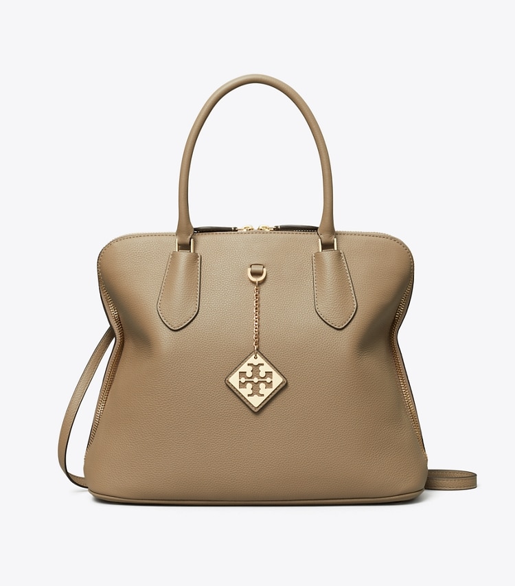 Tory Burch designer satchels Pebbled Swing Satchel in Taupe Oak front