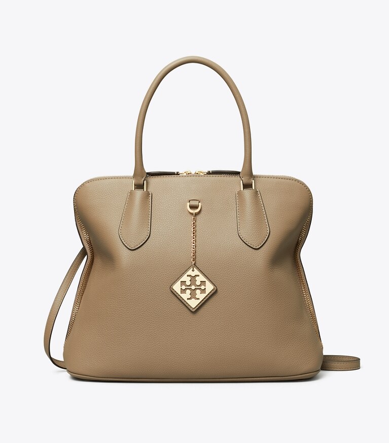 Tory Burch designer satchels Pebbled Swing Satchel in Taupe Oak angle