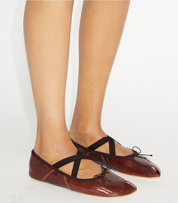 Tory Burch designer flats Peep-Toe Mary Jane Ballet in RUSSET BROWN additional on model