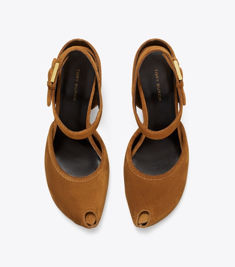 Tory Burch designer heels Peep-Toe Platform Sandal in COGNAC BROWN overhead