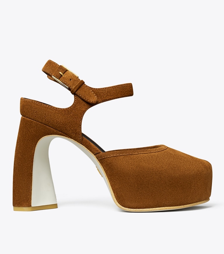 Tory Burch designer heels Peep-Toe Platform Sandal in COGNAC BROWN angle