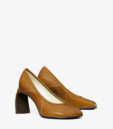 Tory Burch designer heels Peep-Toe Pump in CARAMEL TAN angle