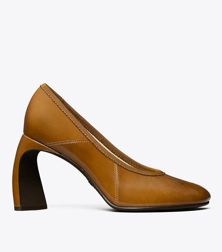 Tory Burch designer heels Peep-Toe Pump in CARAMEL TAN angle