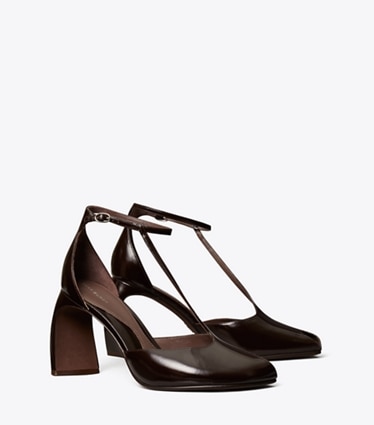 Tory Burch designer heels Peep-Toe T-Strap Heeled Sandal in DEEP BROWN angle