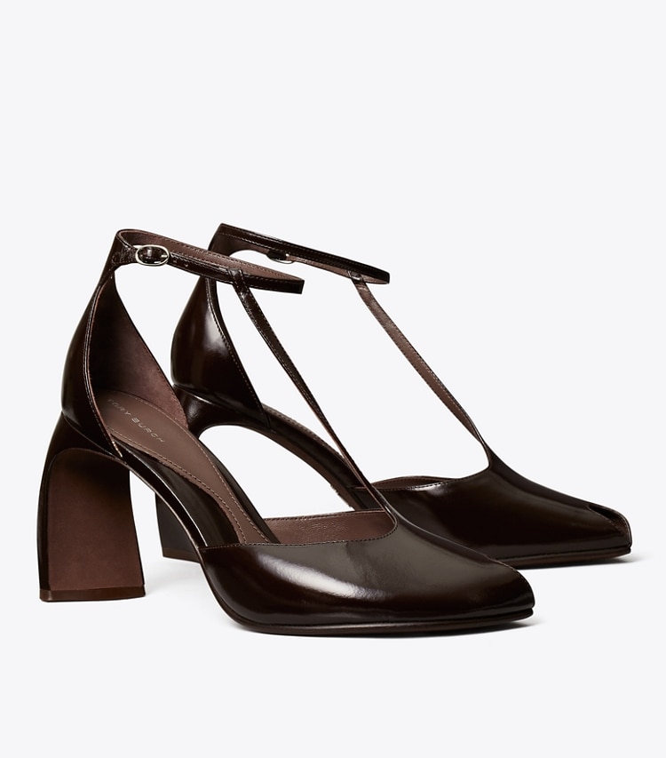 Tory Burch designer heels Peep-Toe T-Strap Heeled Sandal in DEEP BROWN angle