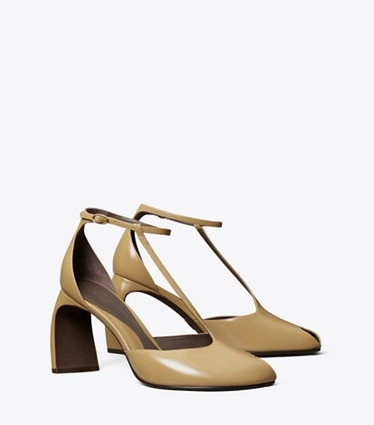 Tory Burch designer heels Peep-Toe T-Strap Heeled Sandal in WARM NUTMEG angle