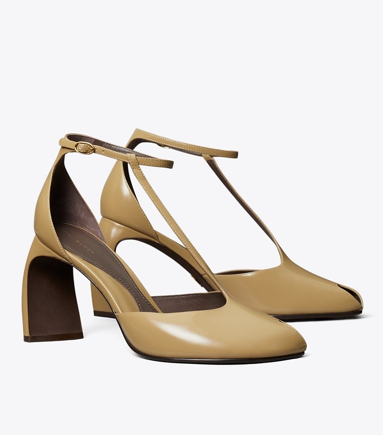 Tory Burch designer heels Peep-Toe T-Strap Heeled Sandal in WARM NUTMEG angle